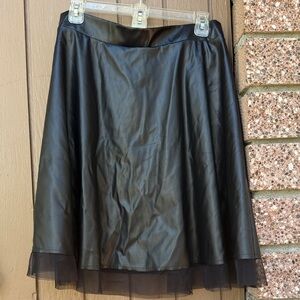 Black Faux Leather A-Line Skirt with Mesh Hem